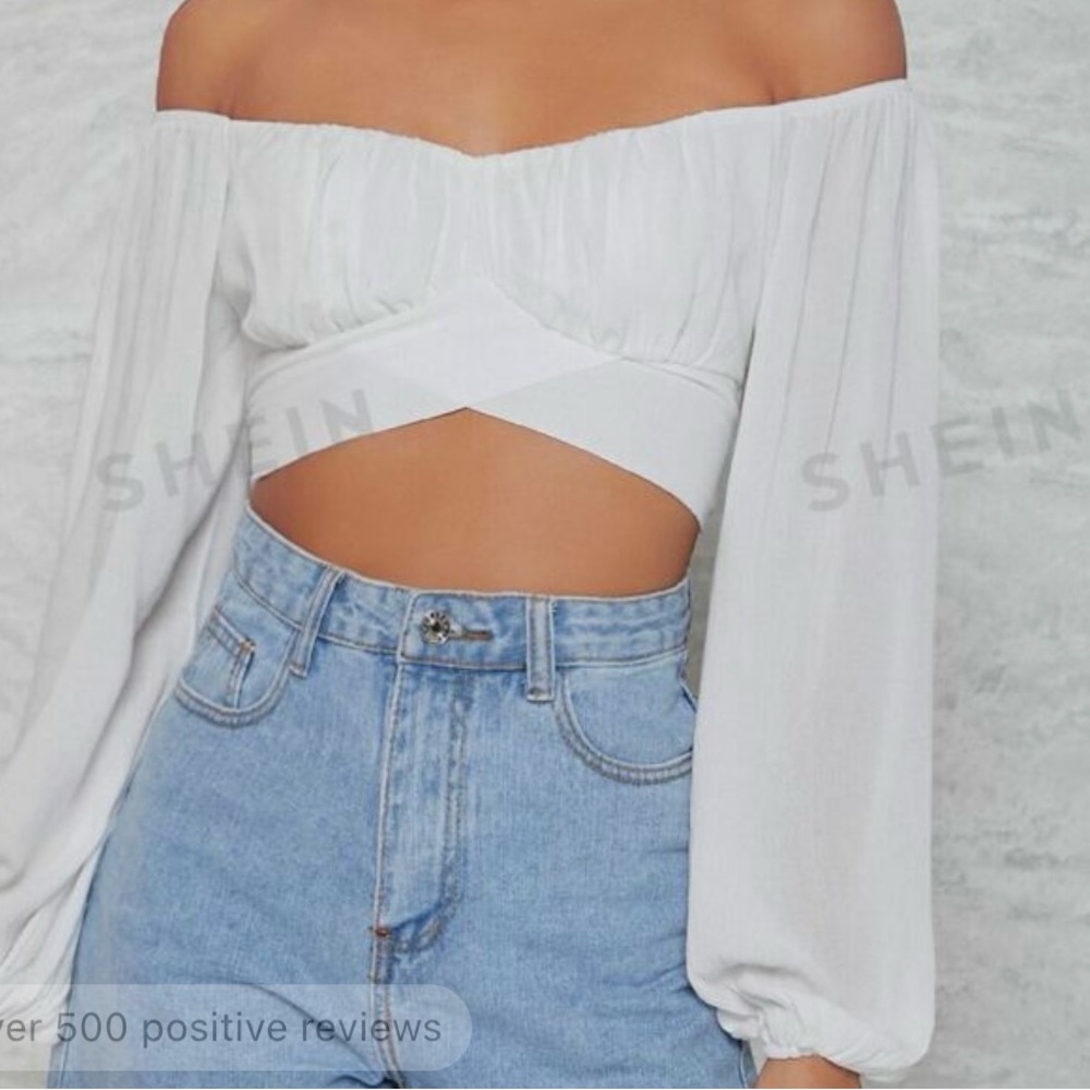 Off the shoulder peasant sleeve self tie crop top